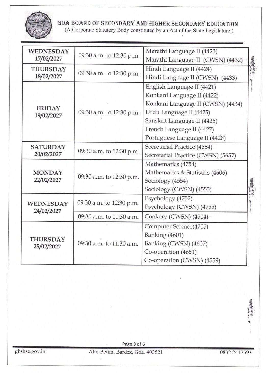 Goa Board 12th Time Table 2027 (Out) – GBSHSE Class 12 Exam Date PDF