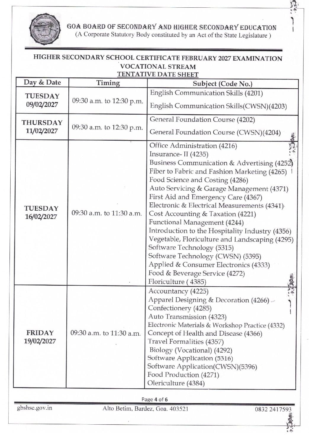 Goa Board 12th Time Table 2027 (Out) – GBSHSE Class 12 Exam Date PDF