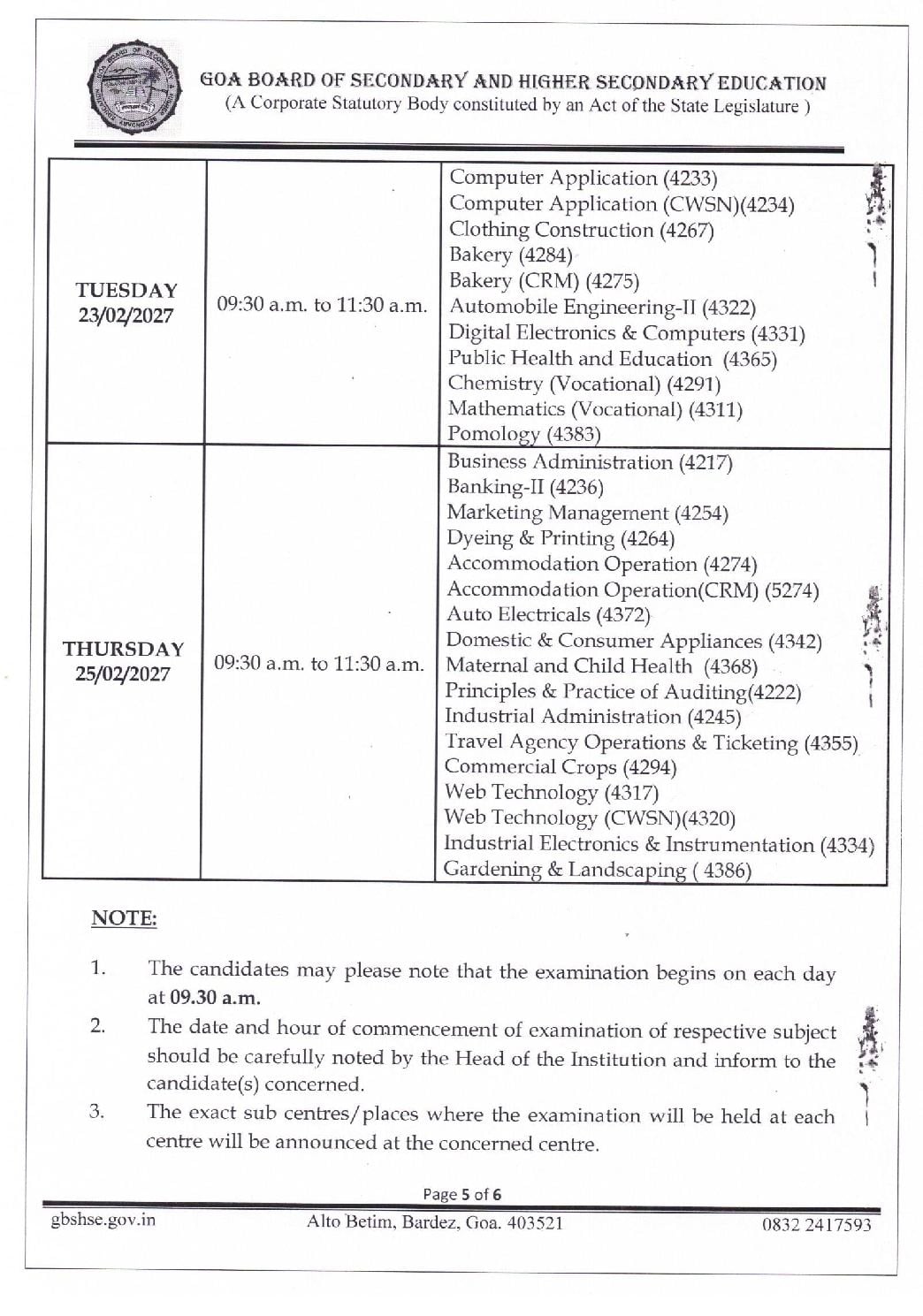 Goa Board 12th Time Table 2027 (Out) – GBSHSE Class 12 Exam Date PDF