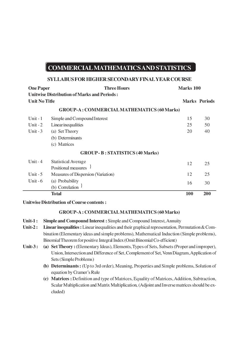 AHSEC 2nd Year Syllabus 2024 Business Mathematics and Statistics - Page 1