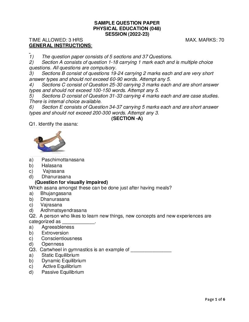 CBSE Class 12 Sample Paper 2023 Physical Education - Page 1