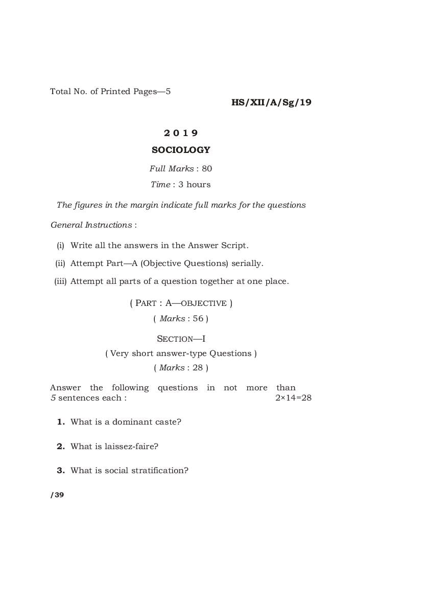 MBOSE Class 12 Question Paper 2019 for Socilogy - Page 1