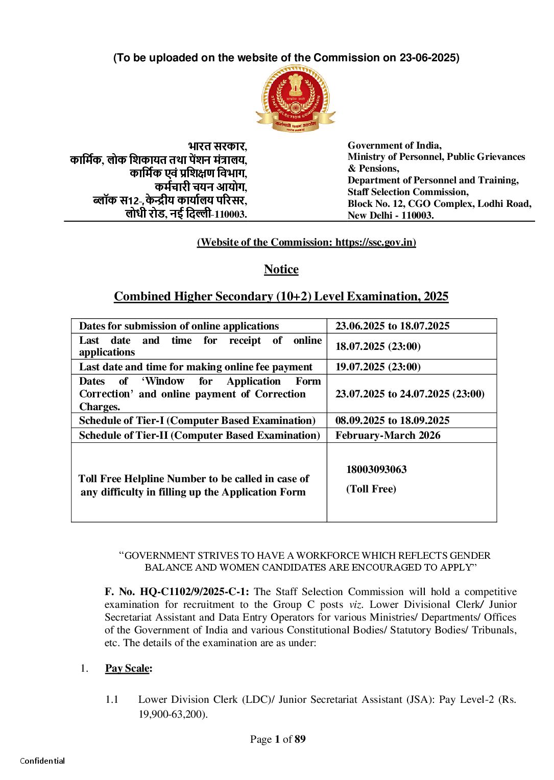 SSC CHSL 2025 Notification - 3131 vacancies - Page 1 of 89