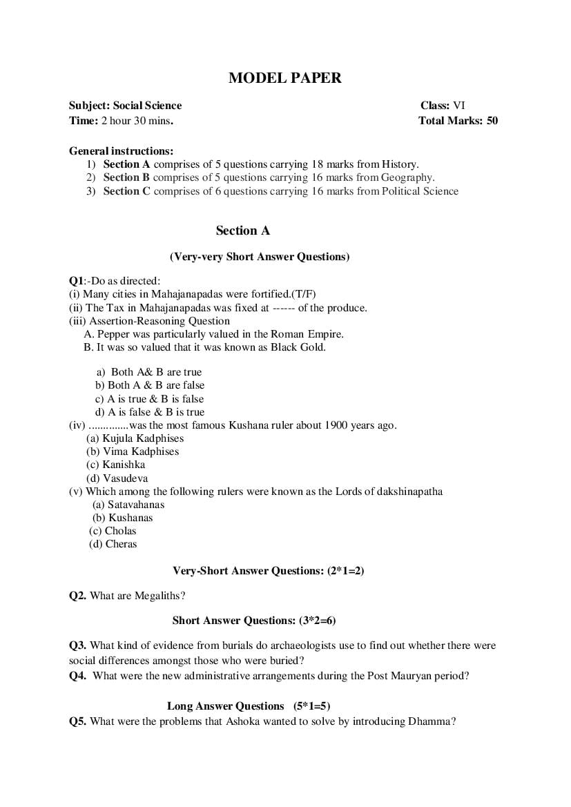 JKBOSE 6th Class Model Paper 2024 Social Science - Page 1