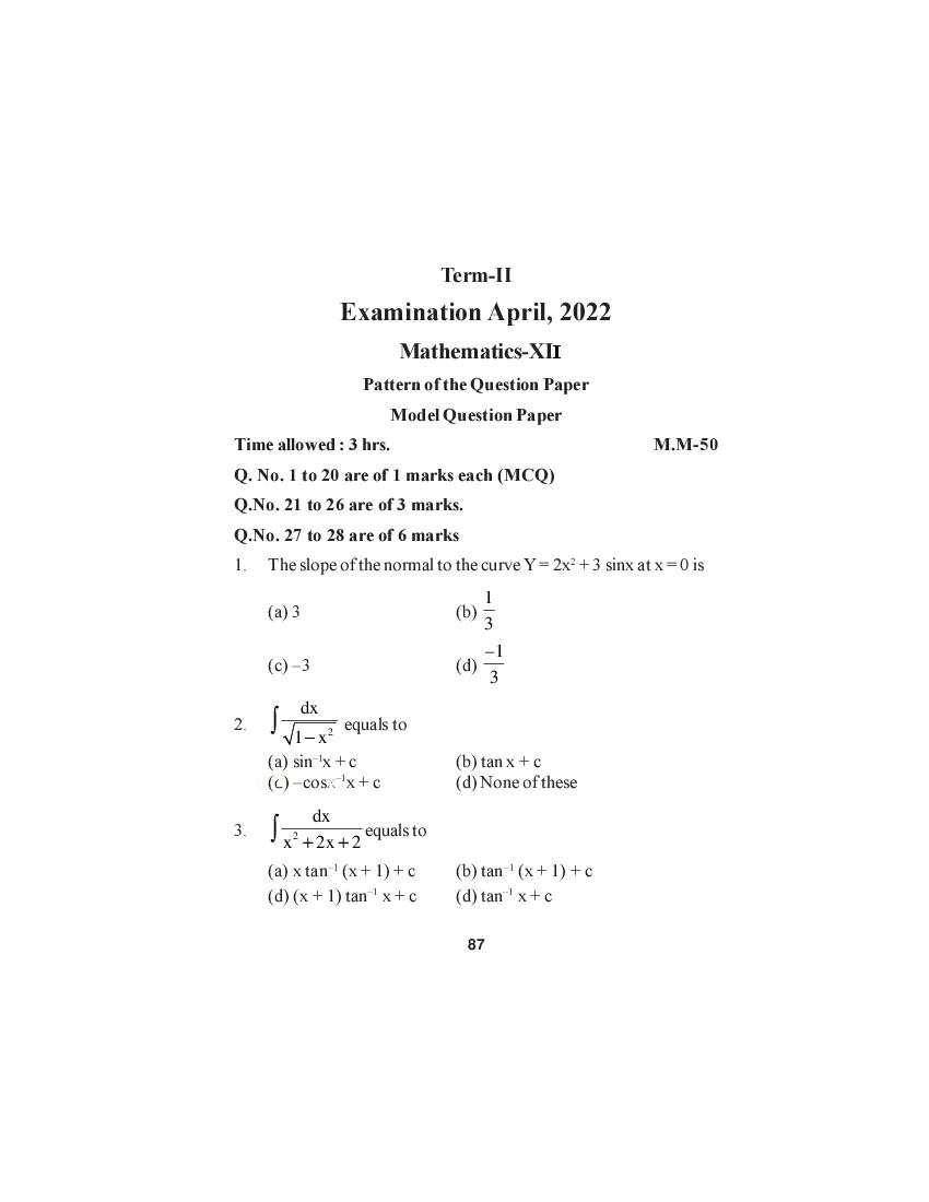 HP Board Class 12 Model Question Paper 2022 Maths Term 2 - Page 1