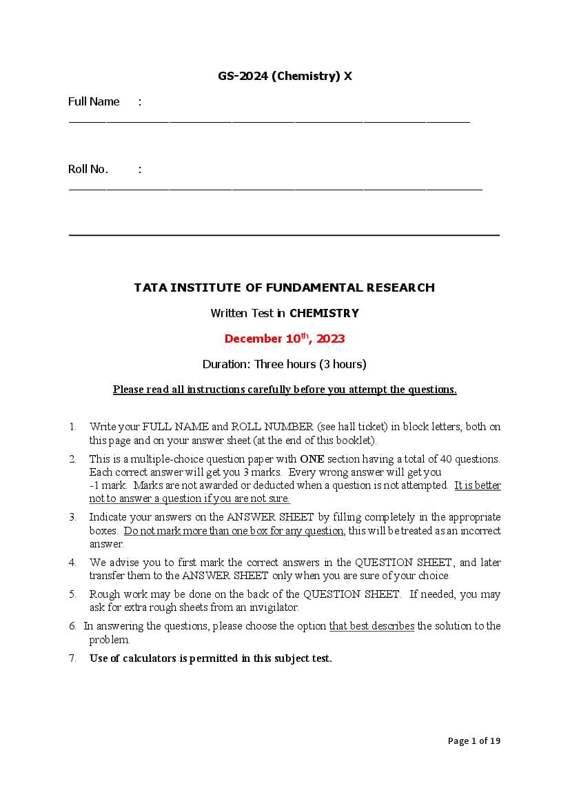 TIFR GS 2024 Question Paper Chemistry - Page 1