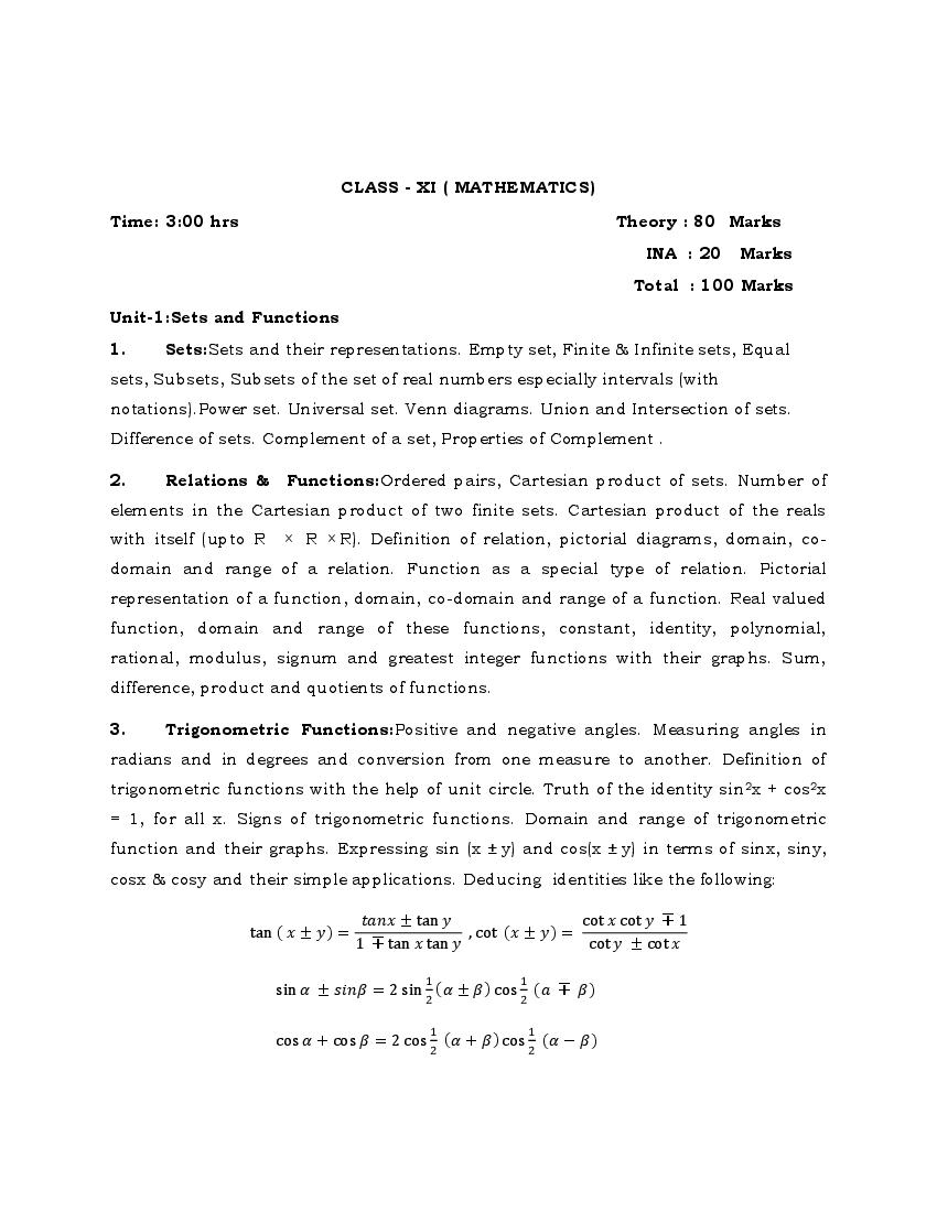 PSEB Syllabus 2021-22 for Class 11 Mathematics - Page 1