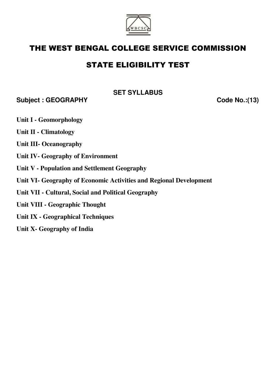 WB SET Syllabus for Geography - Page 1