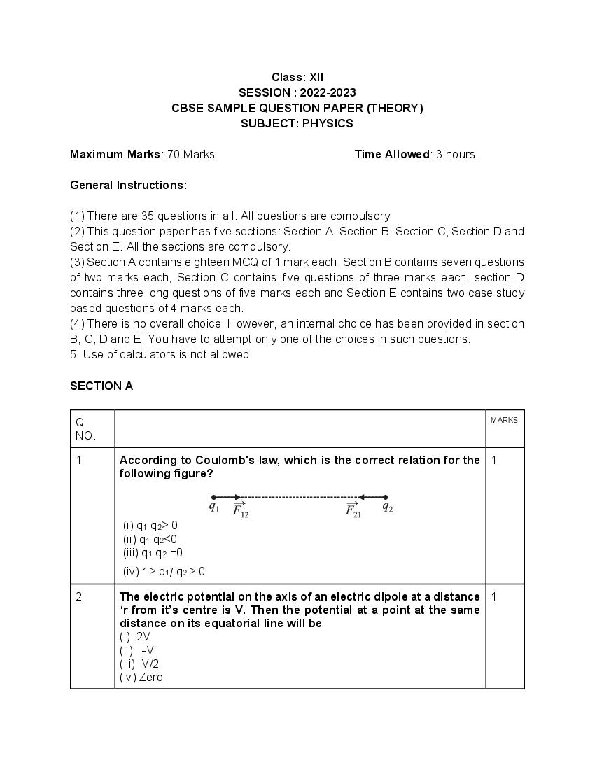 CBSE Class 12 Sample Paper 2023 Physics - Page 1