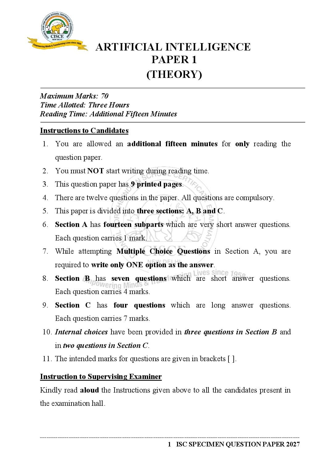 ISC Class 12 Sample Paper 2027 Artificial Intelligence - Page 1 of 17