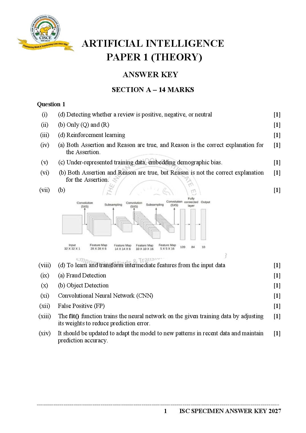 ISC Class 12 Artificial Intelligence Specimen Paper 2027 (PDF)