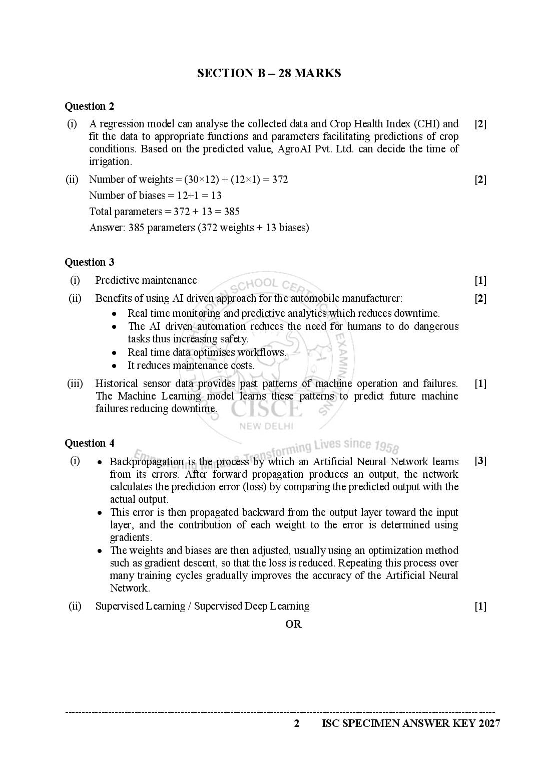 ISC Class 12 Artificial Intelligence Specimen Paper 2027 (PDF)