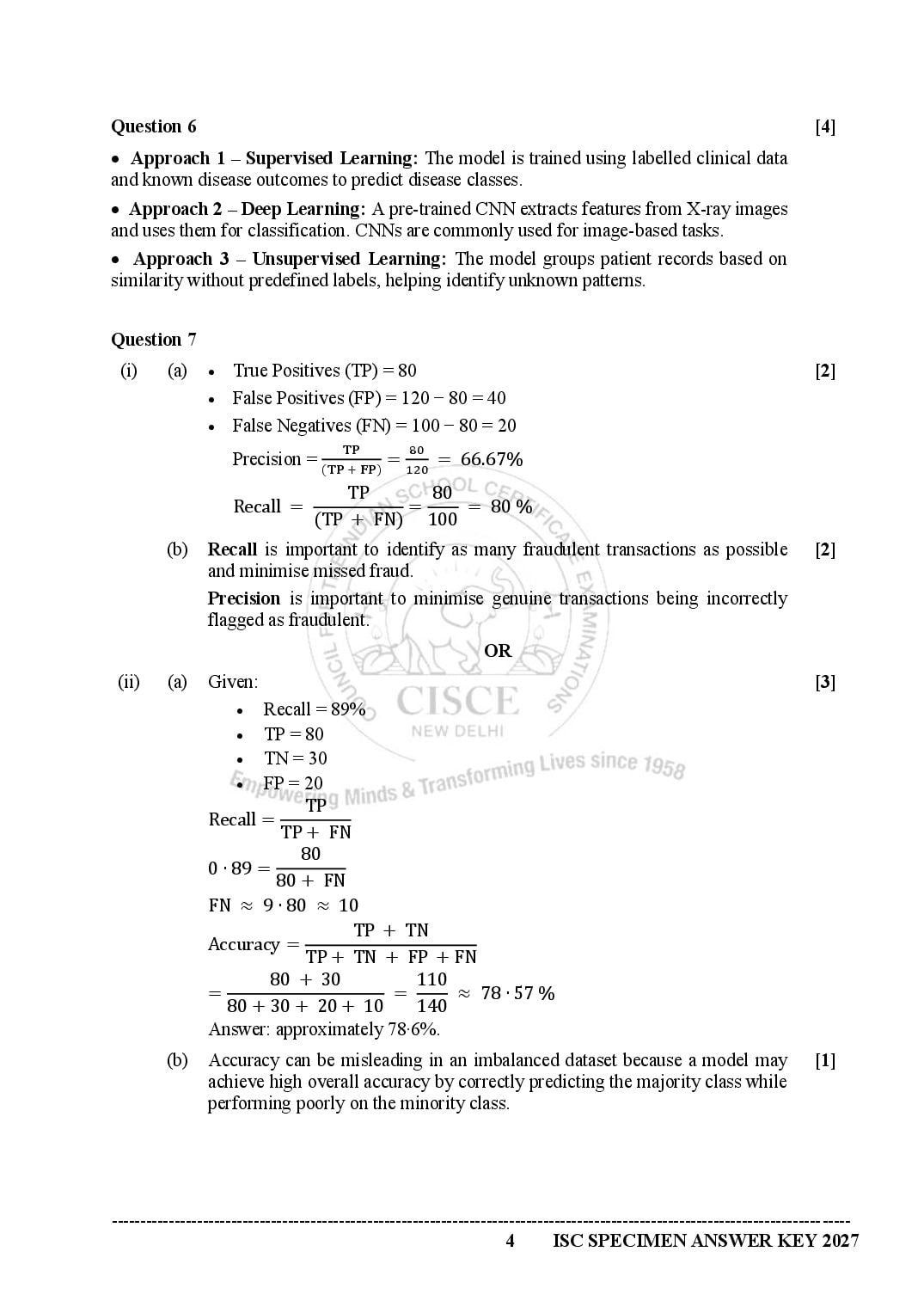 ISC Class 12 Artificial Intelligence Specimen Paper 2027 (PDF)