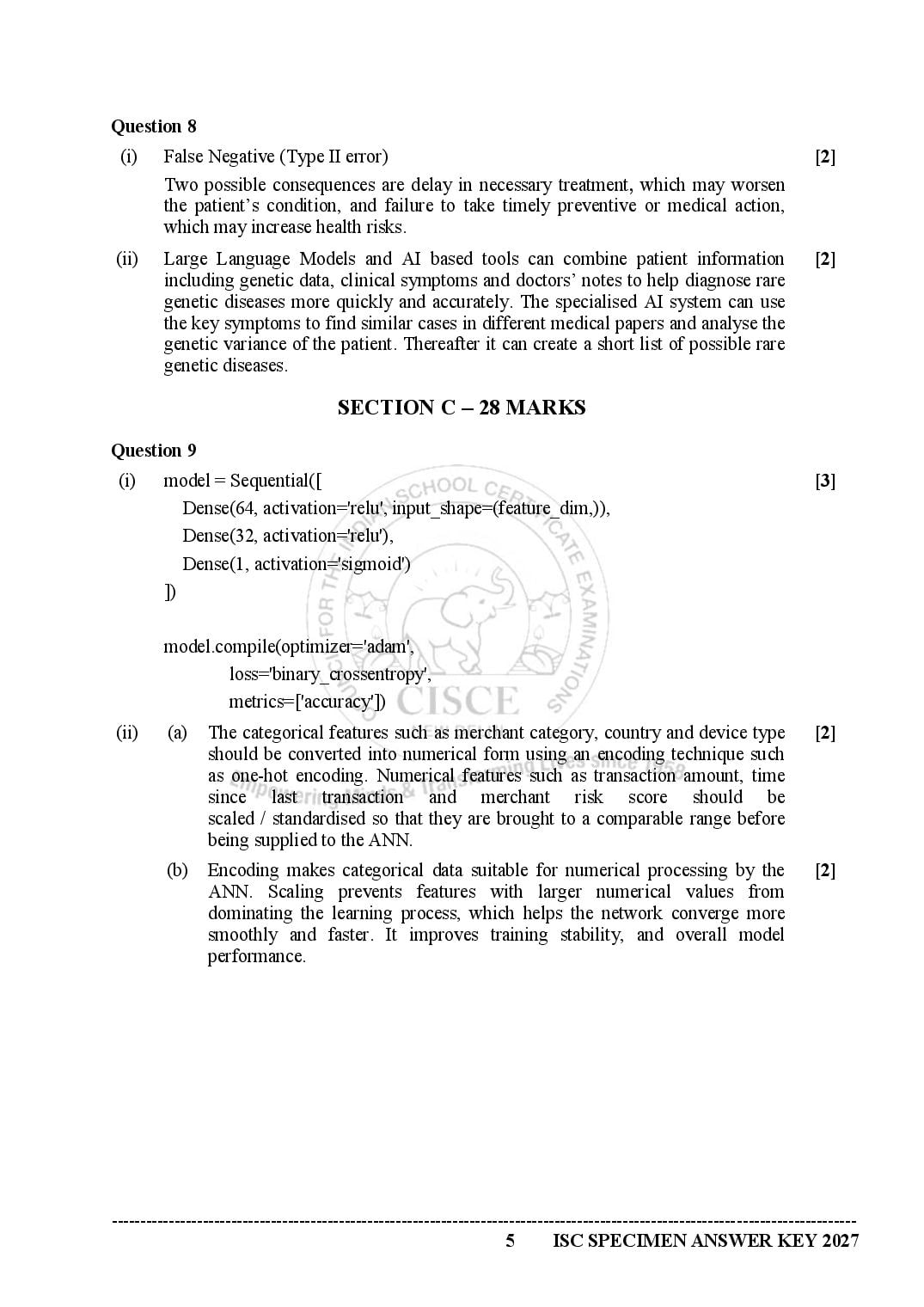 ISC Class 12 Artificial Intelligence Specimen Paper 2027 (PDF)
