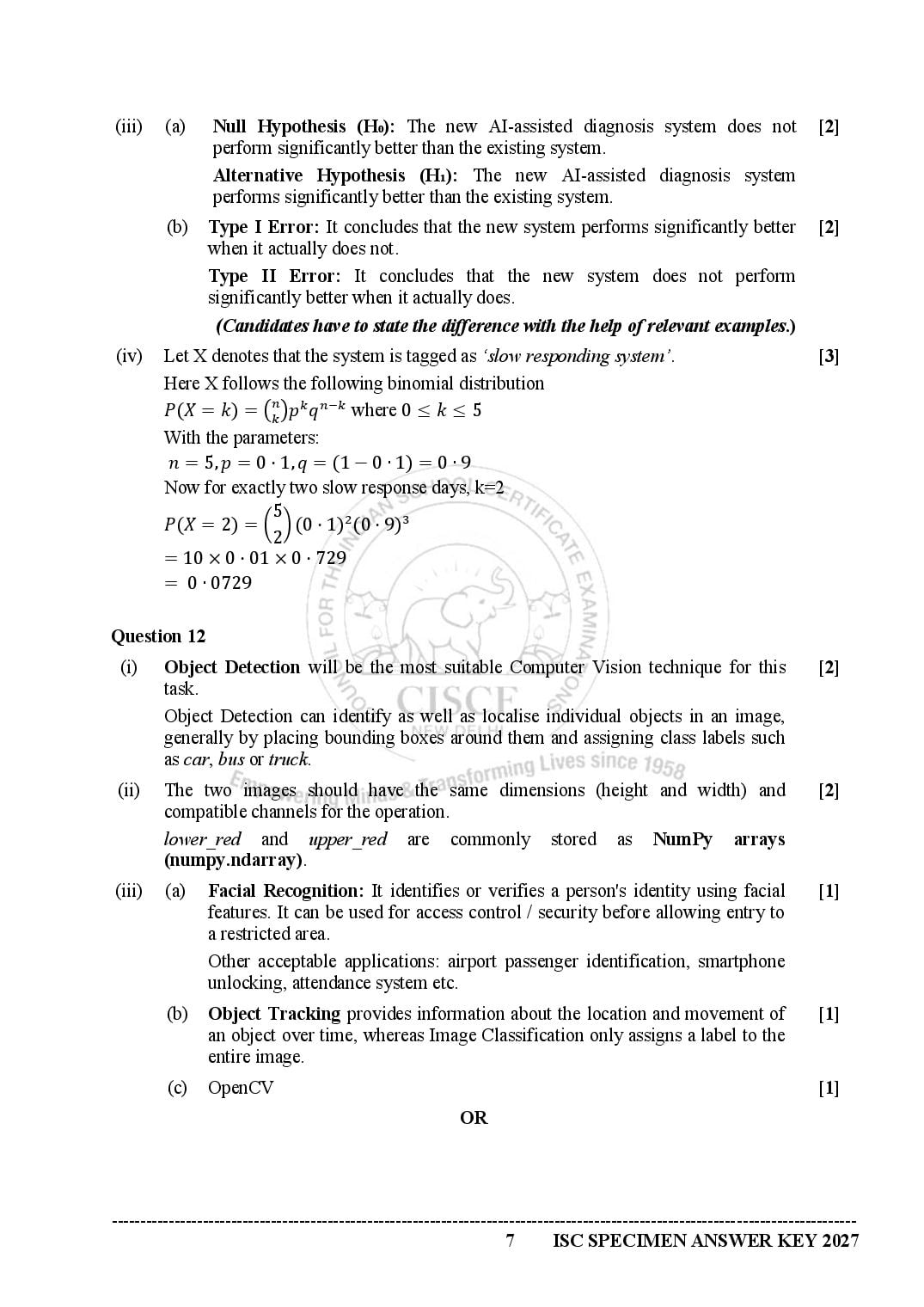 ISC Class 12 Artificial Intelligence Specimen Paper 2027 (PDF)