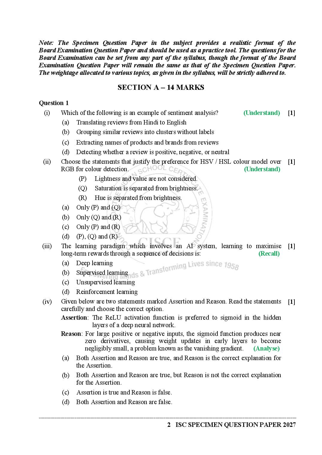 ISC Class 12 Artificial Intelligence Specimen Paper 2027 (PDF)