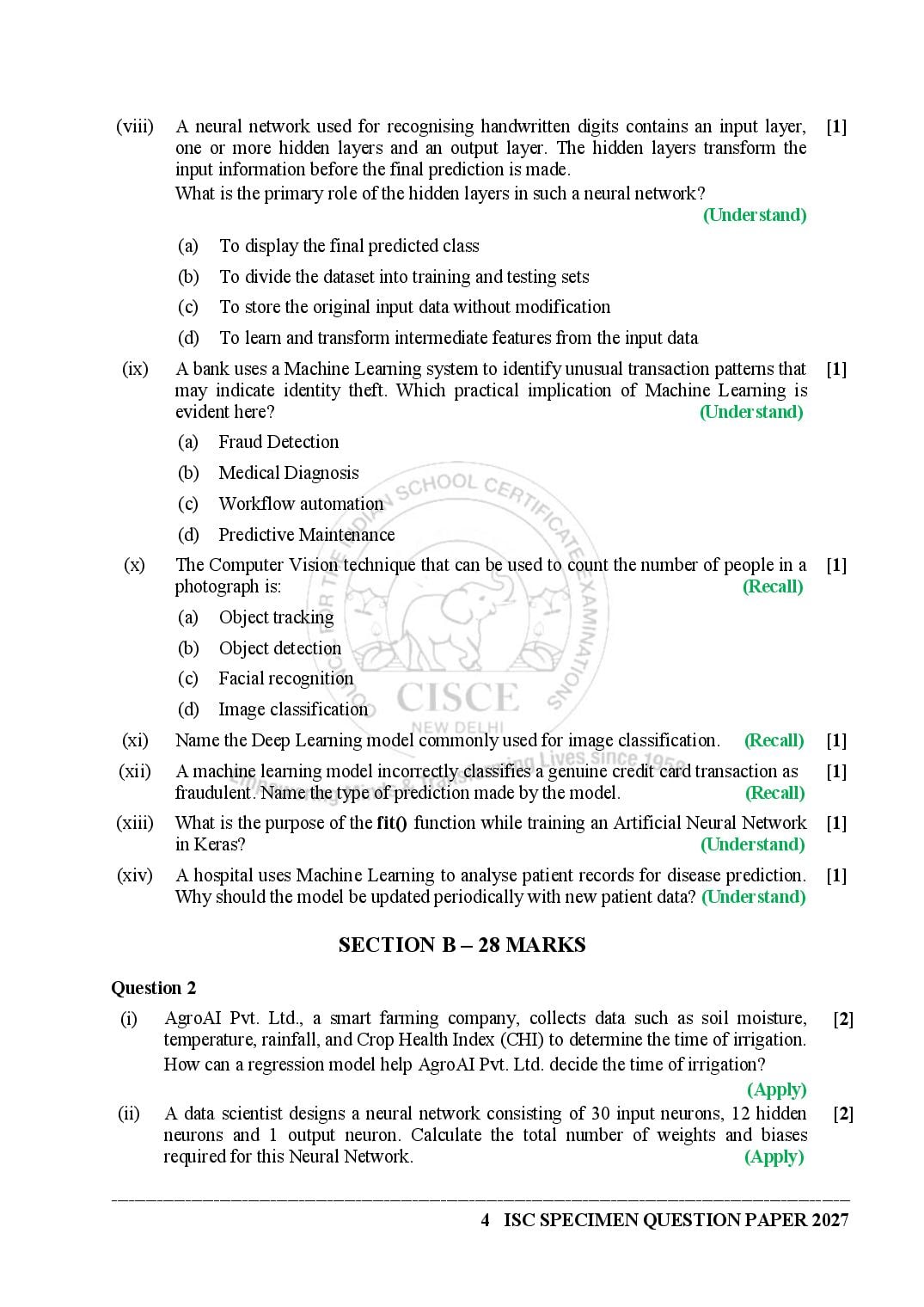 ISC Class 12 Artificial Intelligence Specimen Paper 2027 (PDF)
