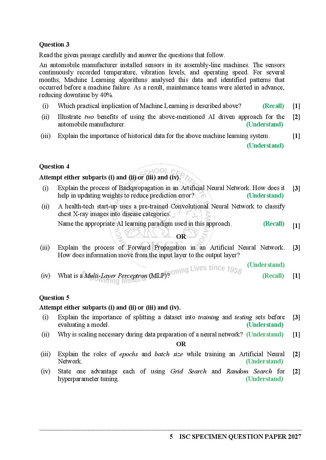 ISC Class 12 Artificial Intelligence Specimen Paper 2027 (PDF)