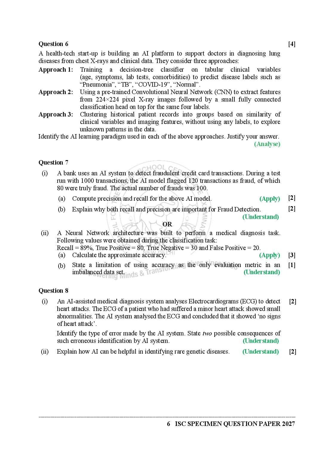 ISC Class 12 Artificial Intelligence Specimen Paper 2027 (PDF)