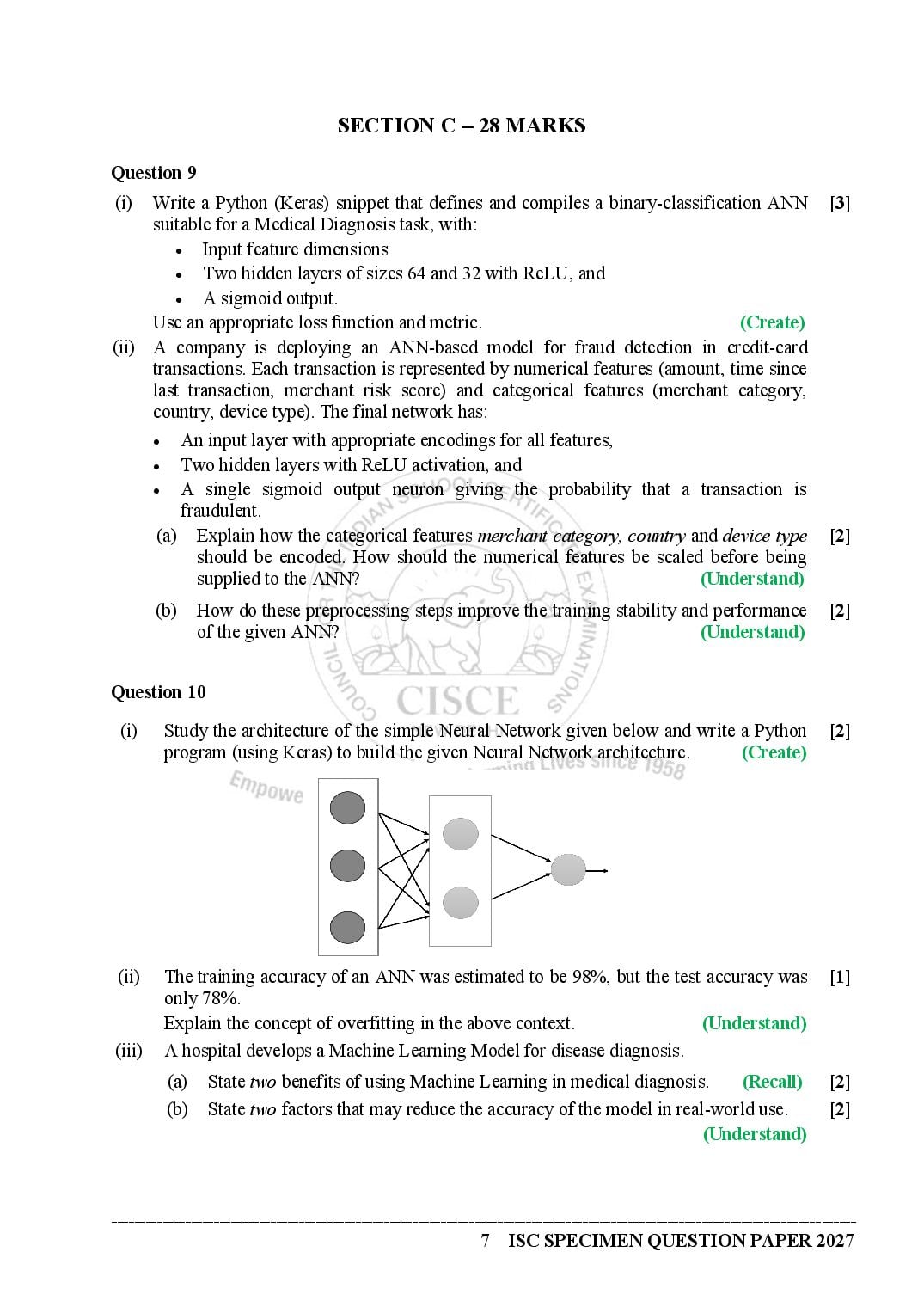 ISC Class 12 Artificial Intelligence Specimen Paper 2027 (PDF)
