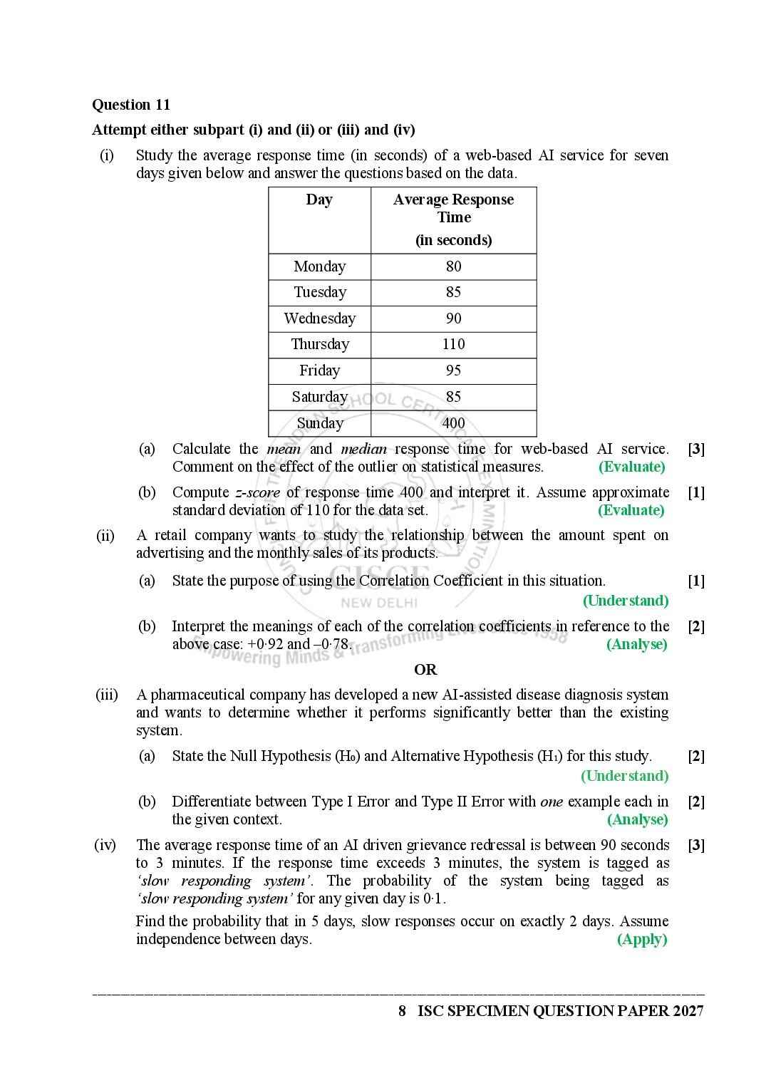 ISC Class 12 Artificial Intelligence Specimen Paper 2027 (PDF)