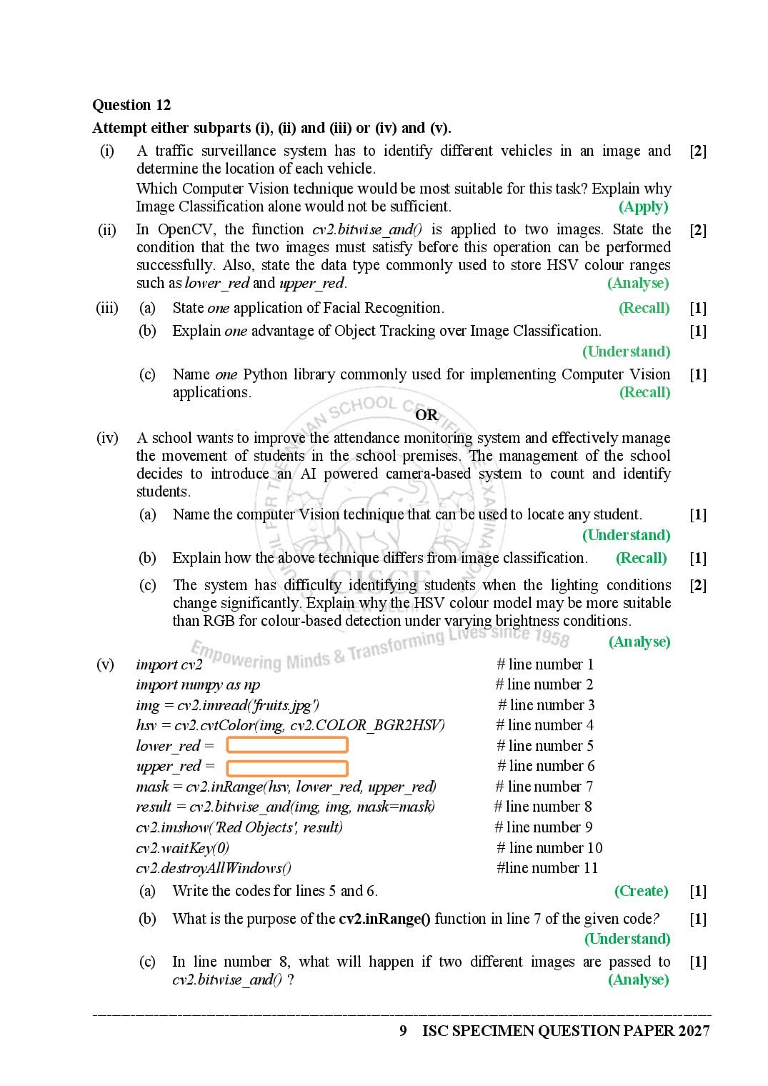 ISC Class 12 Artificial Intelligence Specimen Paper 2027 (PDF)
