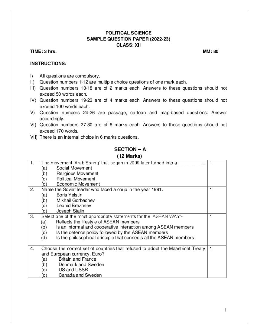 CBSE Class 12 Sample Paper 2023 Political Science - Page 1