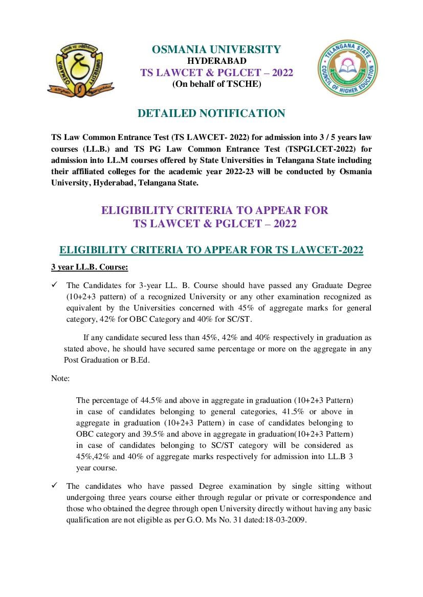 TS LAWCET and PGLCET 2022 Detailed Notifictaion - Page 1