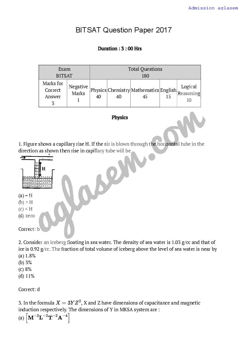 BITSAT 2017 Question Paper - Page 1