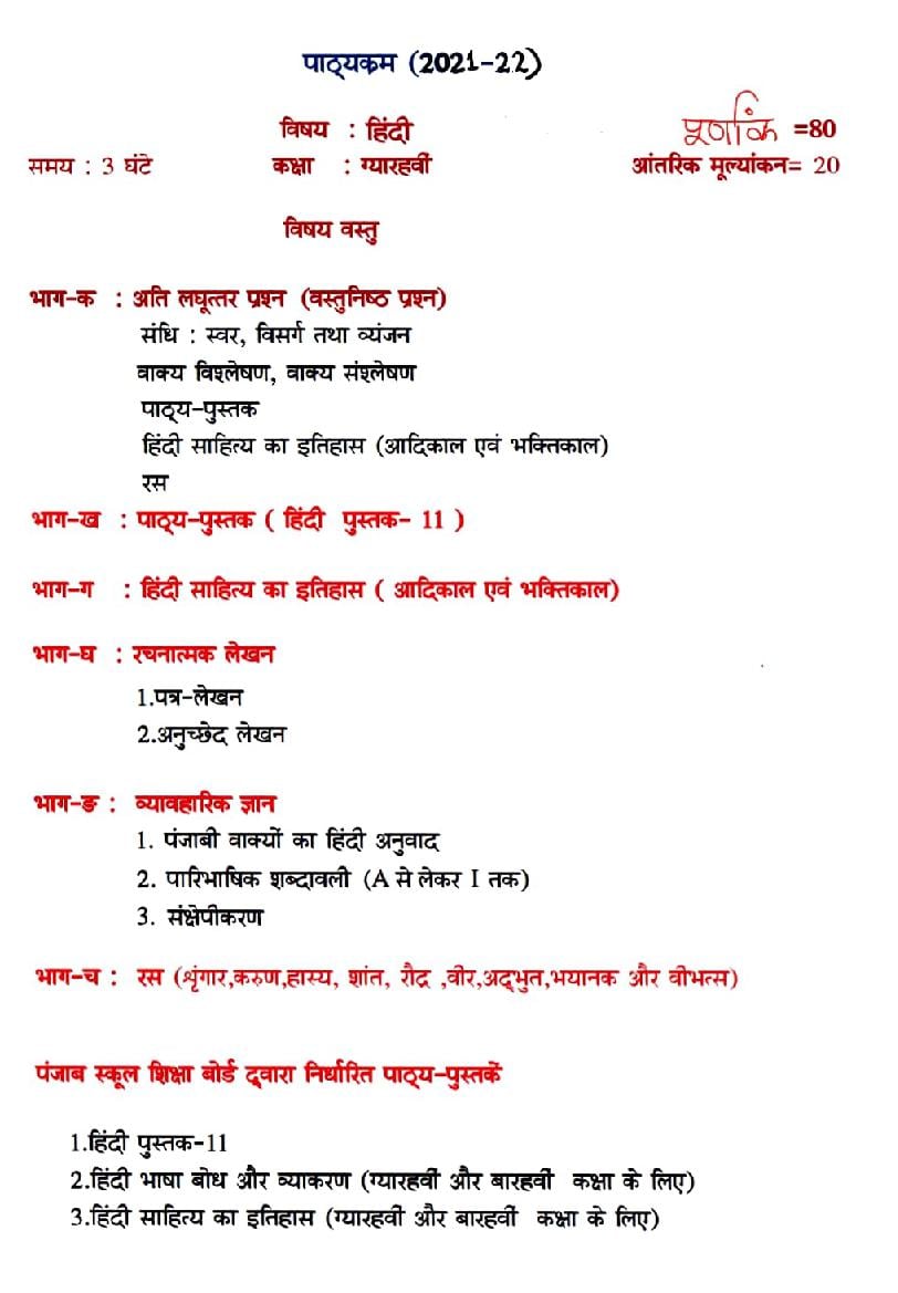 PSEB Syllabus 2021-22 for Class 11 Hindi - Page 1