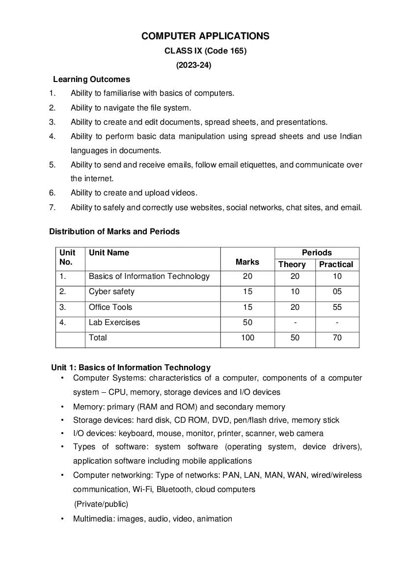 CBSE Class 9 Class 10 Syllabus 2023-24 Computer Applications - Page 1