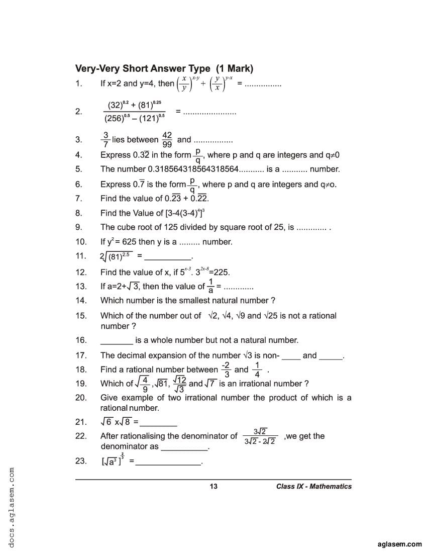 Class 9 Maths Extra Questions Chapter 1 Number Systems - Page 1
