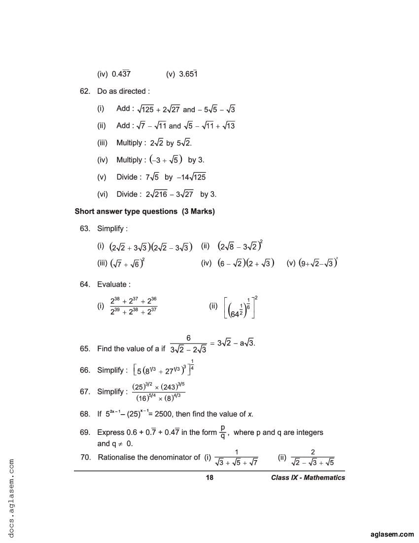 Class 9 Maths Extra Questions Chapter 1 Number Systems