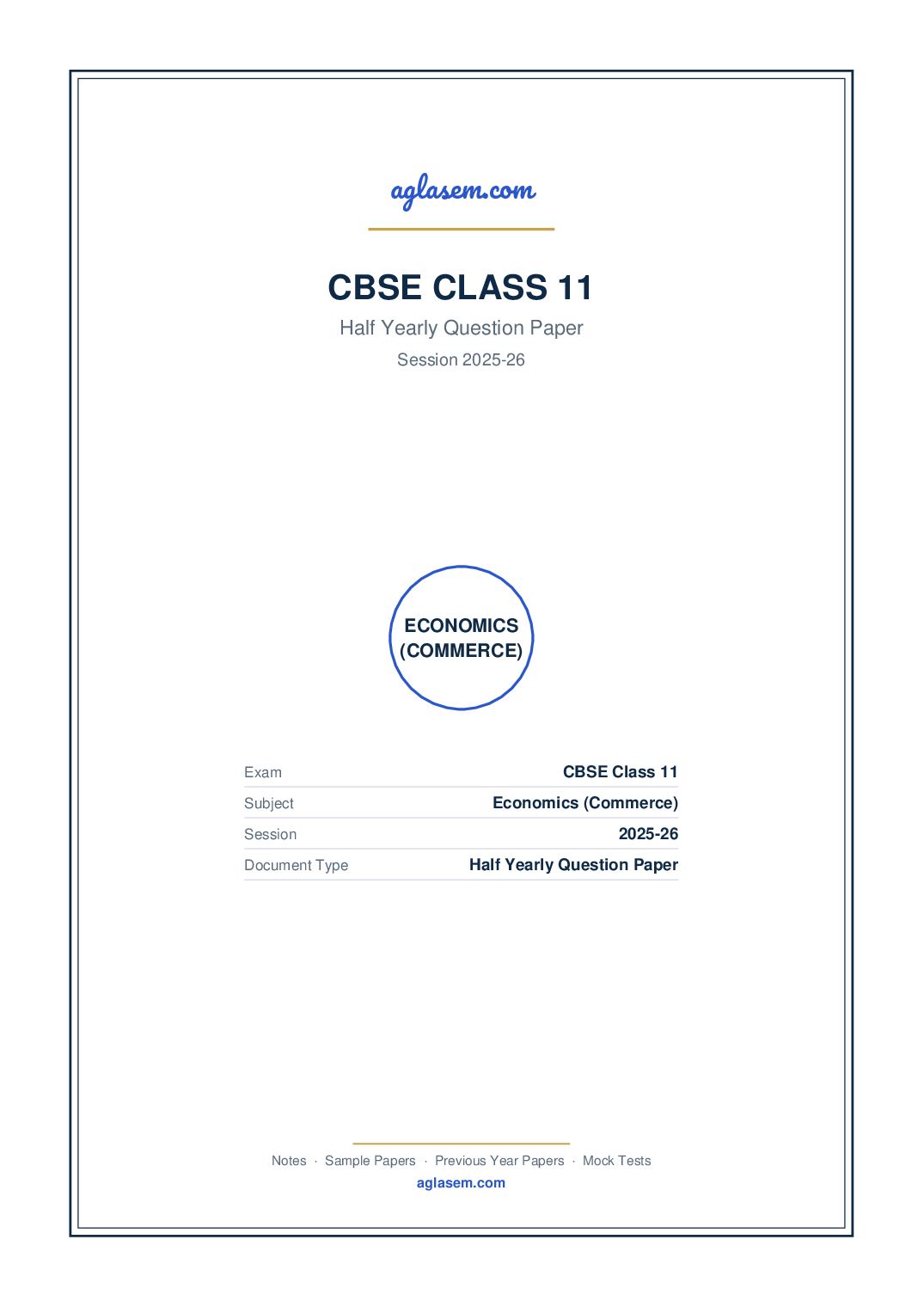 Class 11 Half Yearly Question Paper 2025-26 Economics (Commerce) - Page 1 of 7