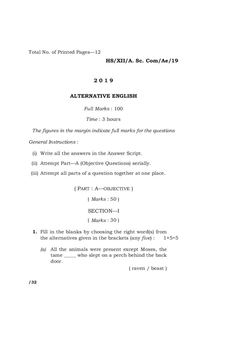 MBOSE Class 12 Question Paper 2019 for English Alternative - Page 1