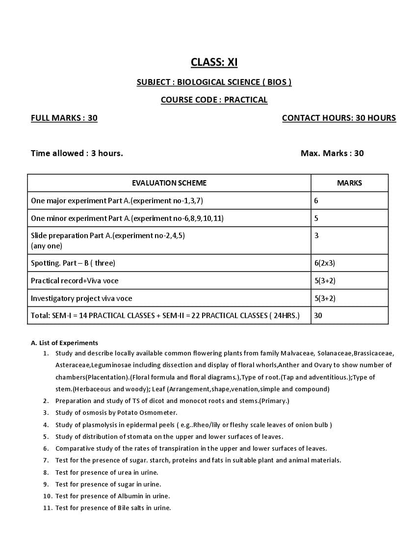 WBCHSE Class 12 Biological Sciences Syllabus 2024 (PDF) - West Bengal ...