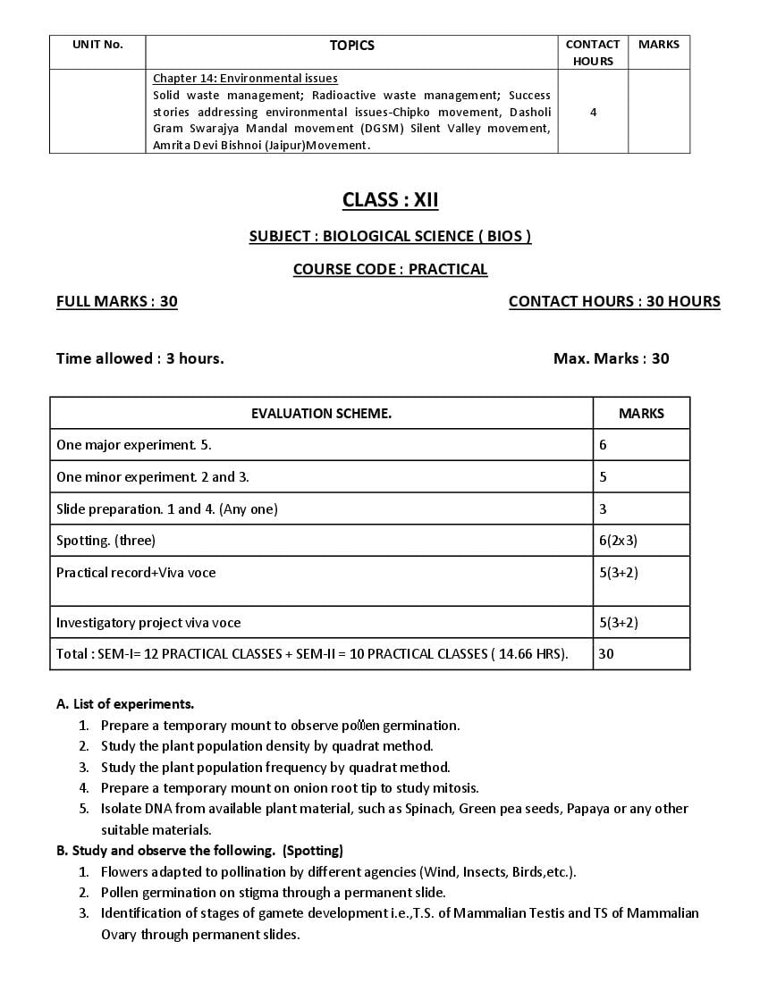 WBCHSE Class 12 Biological Sciences Syllabus 2024 (PDF) - West Bengal ...