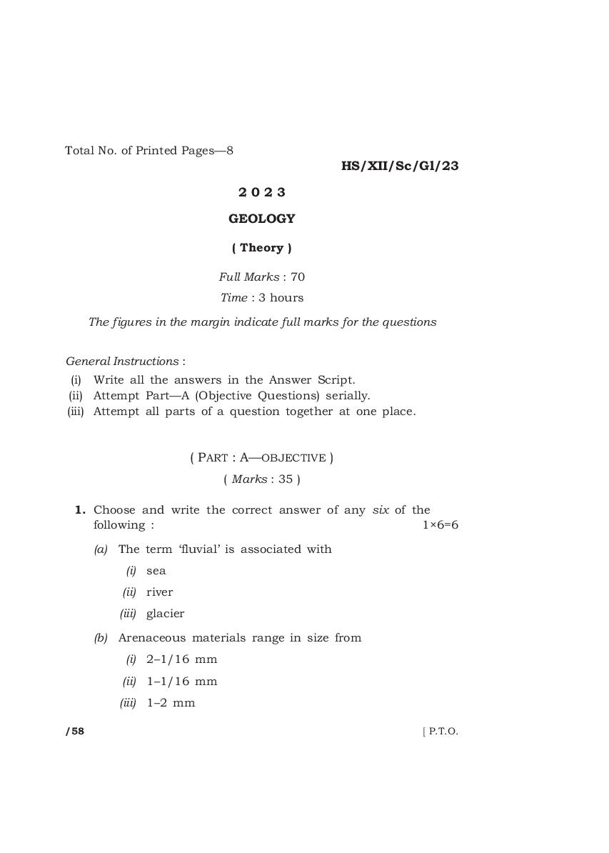 MBOSE Class 12 Question Paper 2023 for Geology - Page 1
