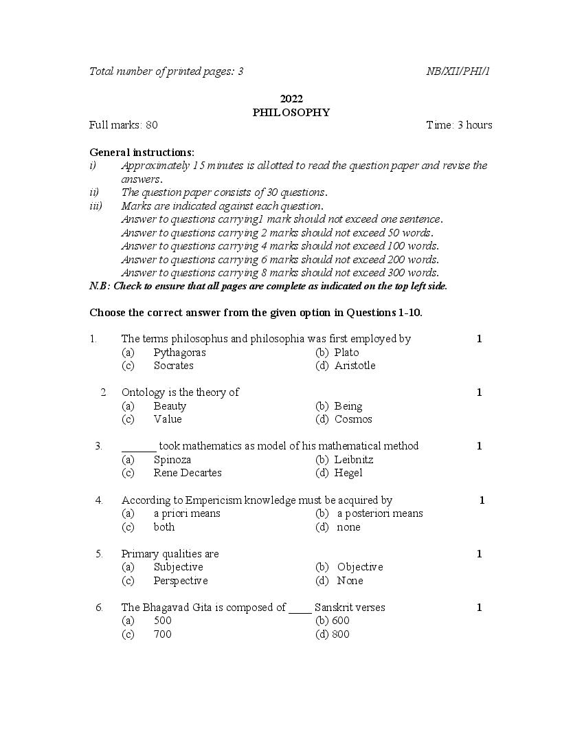NBSE Class 12 Question Paper 2022 Philosophy - Page 1
