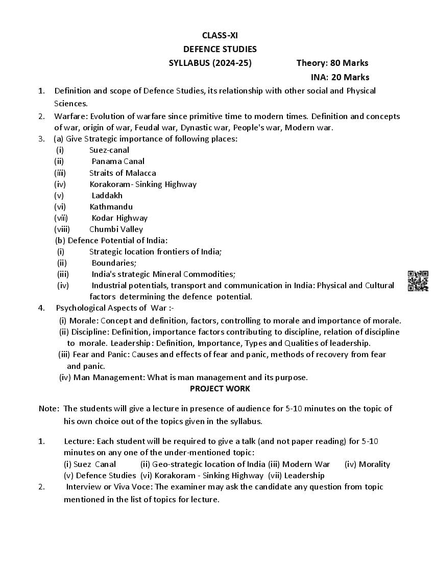 PSEB Class 11 Defence Studies Syllabus (PDF)