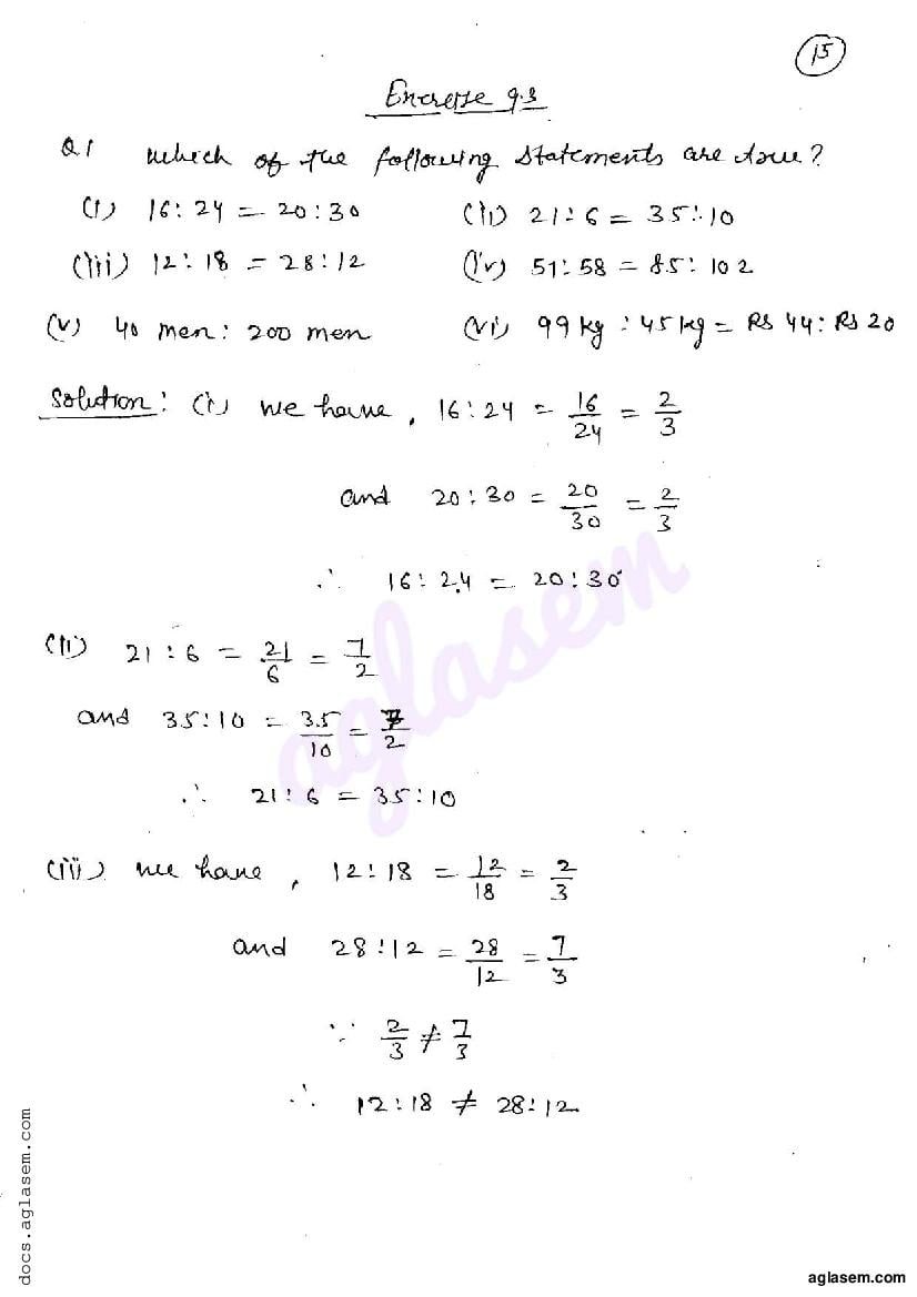RD Sharma Solutions Class 6 Maths Chapter 9 Ratio, Proportion and Unitary Method Exercise 9.3 - Page 1
