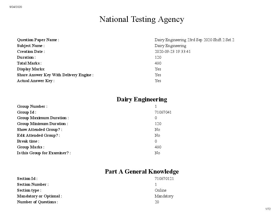 AICE JRF SRF 2020 Question Paper Dairy Engineering