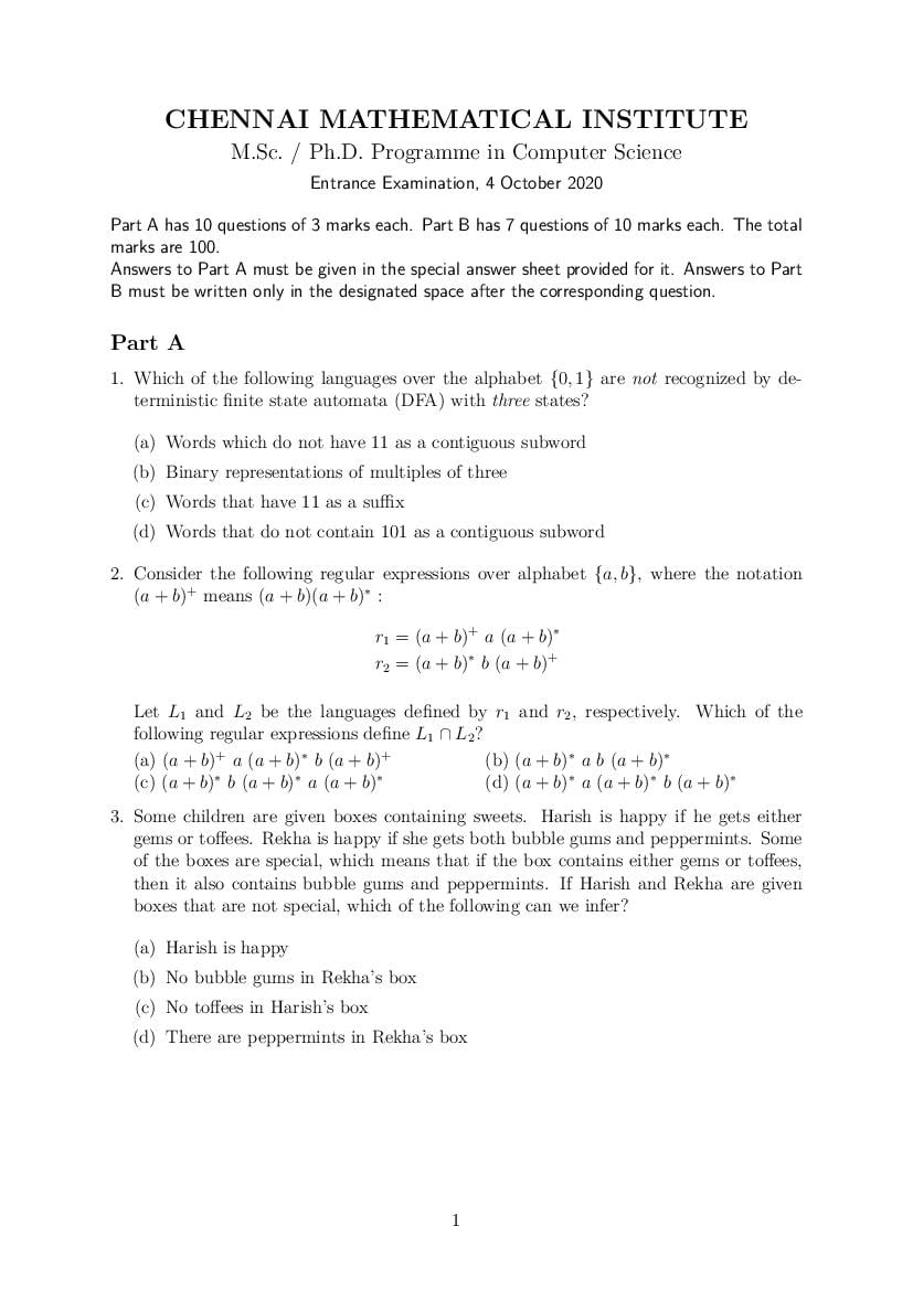 CMI Entrance Exam 2020 Question Paper for M.Sc or Ph.D Computer Science - Page 1