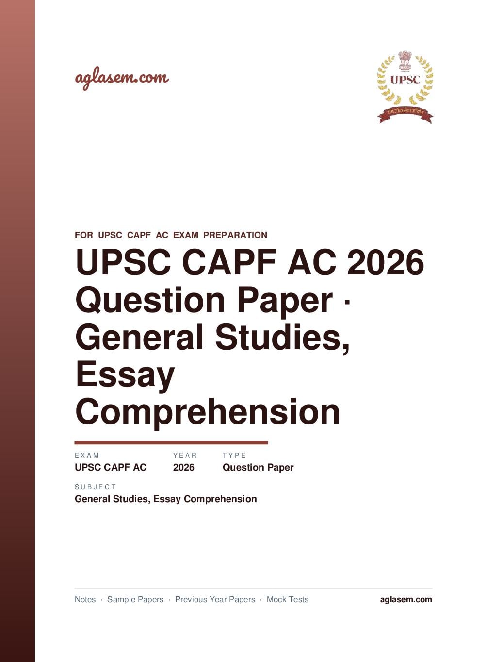 UPSC CAPF AC 2026 Question Paper for General Studies, Essay and Comprehension - Page 1 of 9