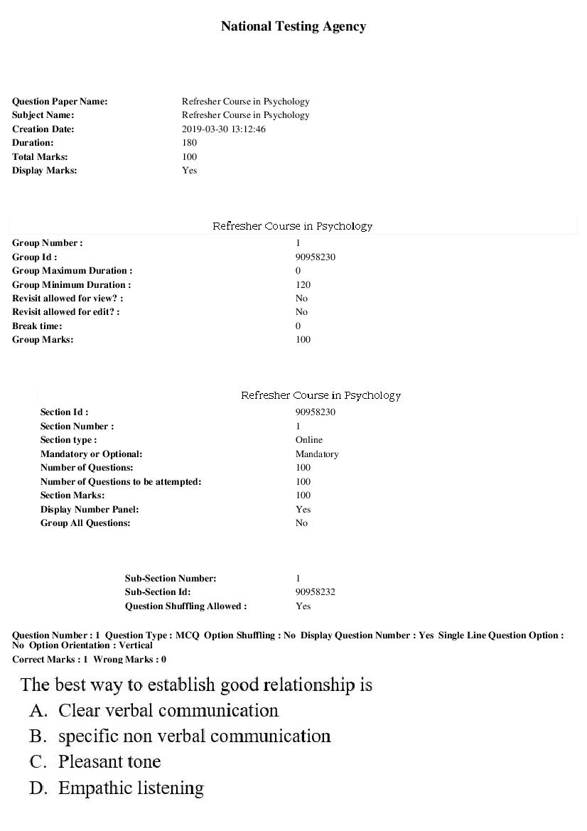 ARPIT 2019 Question Paper for Refresher Course in Psychology - Page 1 of 40