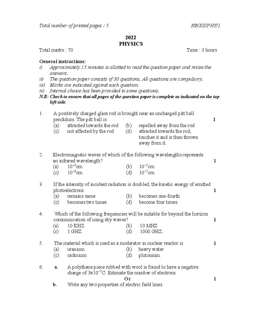 NBSE Class 12 Question Paper 2022 Physics - Page 1