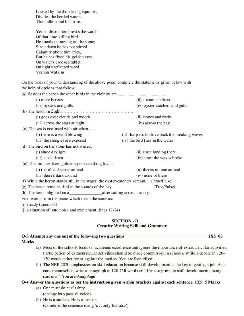 HBSE Class 11 English Elective Model Paper 2025 | Download Haryana 11th ...