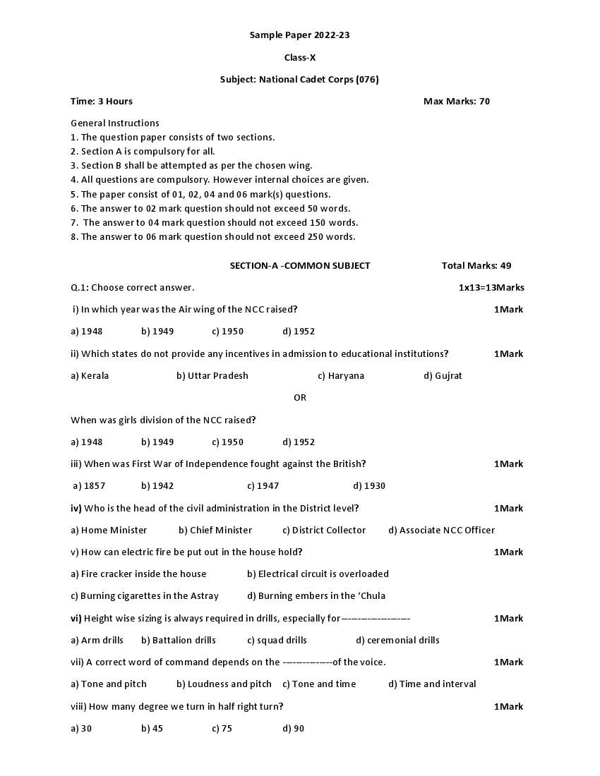 CBSE Class 10 Sample Paper 2023 For NCC