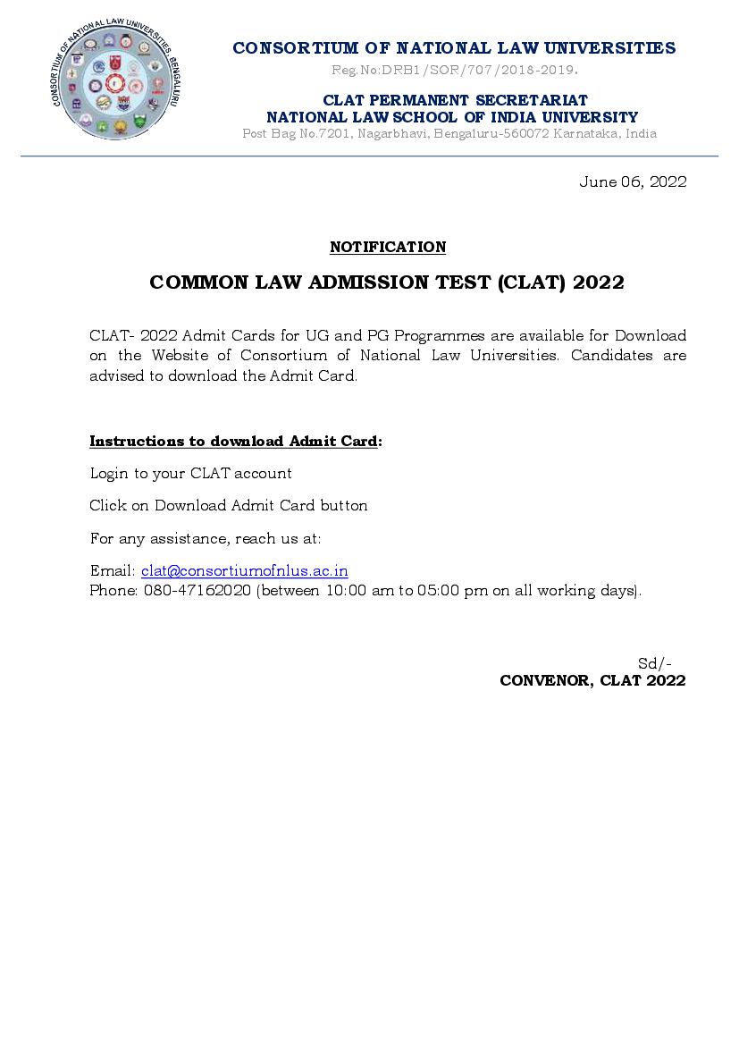 CLAT 2022 Admit Card Release Date Notice - Page 1