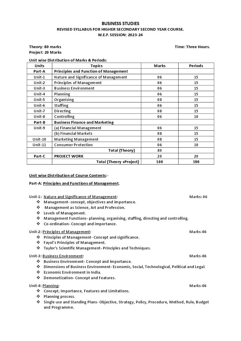 AHSEC 2nd Year Syllabus 2024 Business Studies - Page 1